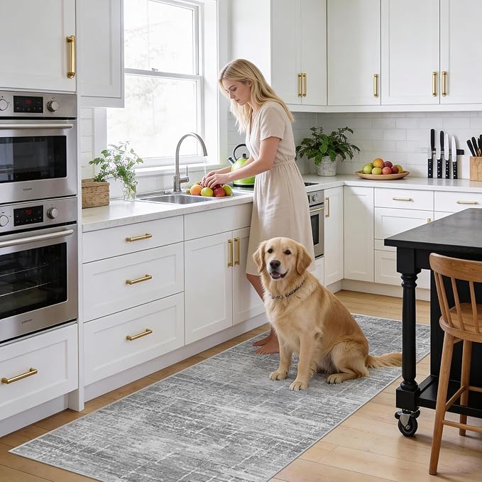 3x6 Washable Kitchen Runner Rug - Modern Abstract Neutral Carpet with Non-Slip Backing Low-Pile Stain-Resistant Thin Runners for Hallway Bathroom Bedroom Entryway (3x6, Gray)