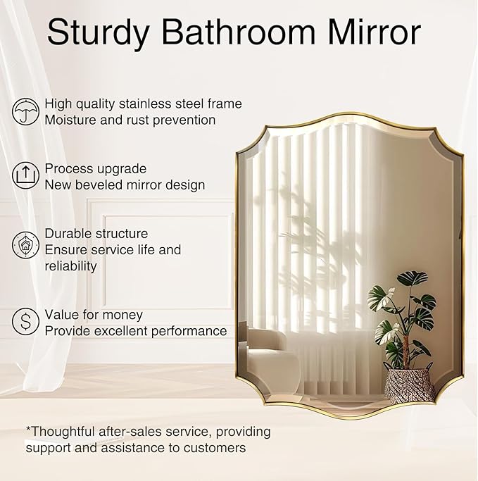 POZINO Scalloped Beveled Mirror, 24"x40" Brushed Gold Bathroom Vanity Mirrors for Over Sink, Modern Wavy Rectangle Wall Mirror for Living Room Bedroom Entryway, Horizontal or Vertical Hanging