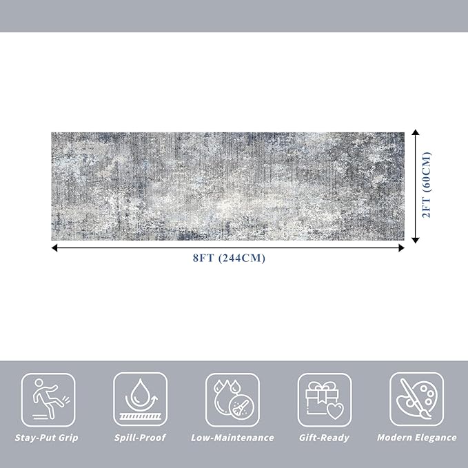 2x8 Washable Non-Slip Hallway Runner Rug – Modern Coastal Abstract Neutral Stain-Resistant Low-Pile Carpet Runner for Kitchen Entryway Bedroom Bathroom (Blue Gray,2x8)