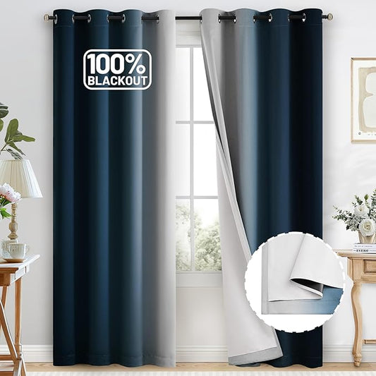 COSVIYA 100% Blackout Curtains for Bedroom with White Back, Double Layer Thermal Insulated Noise Reducing Grommet Window Curtains(52x90 Inch, Ombre Navy Blue, 2 Panels)