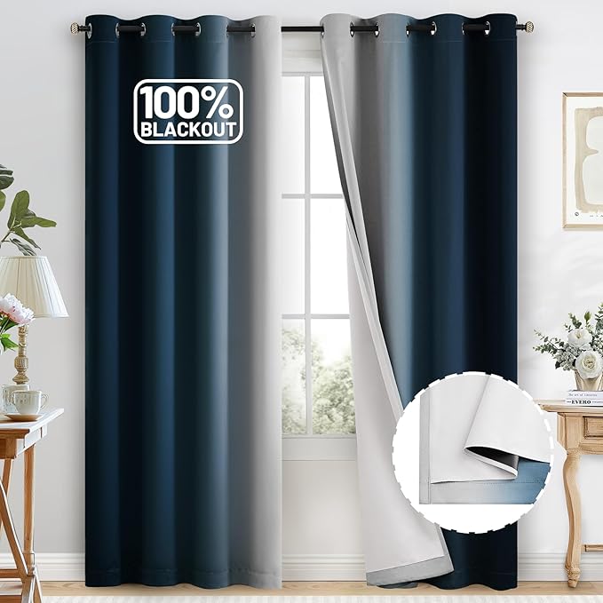 COSVIYA 100% Blackout Ombre Navy Blue Curtains for Bedroom with White Back, 2 Thick Layers Thermal Insulated Room Darkening Grommet Window Drapes, 52x84 Inch, 2 Panels