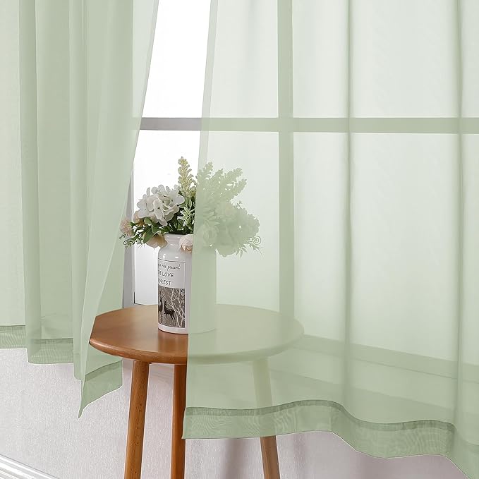Lecloud Light Green Sheer Curtains 54 Inch Length 2 Panels, Voile Bedroom Curtains for Windows, Airy Lightweight Dual Rod Pocket Curtain Drapes Window Treatments, Each Panel 42 X 54 Inch