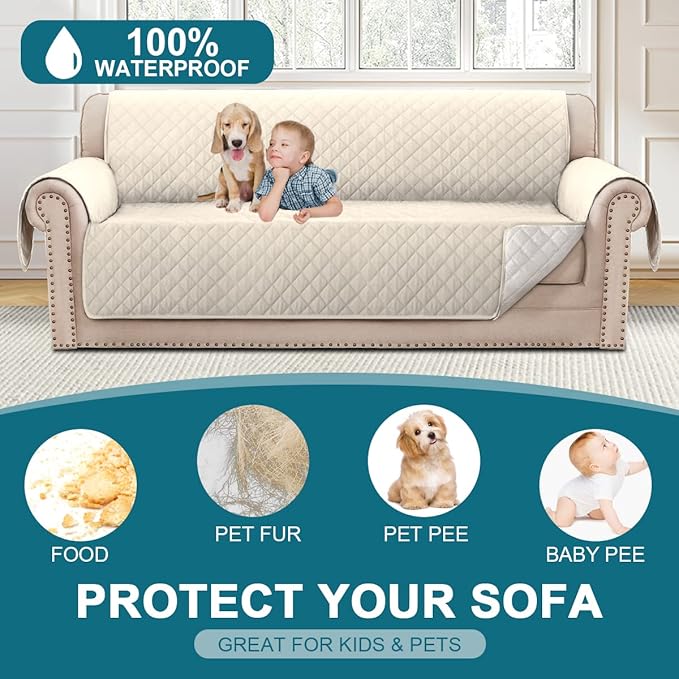 Turquoize 100% Waterproof Sofa Covers Couch Cover Sofa Cover for Dogs Couch Protector Triple Non-Slip Sofa Slipcover for 3 Cushion Couch Furniture Protector for Pets, Kids,Dog (Sofa 70", Ivory)