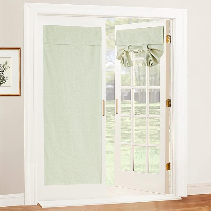 RYB HOME 100% Blackout Patio Door Large Glass Window Curtains, Linen Textured Blend Insulating Privacy Tie Up Shades Living Room French Door Blinds, W 26 x L 80 inches, Light Sage, 1 Pc