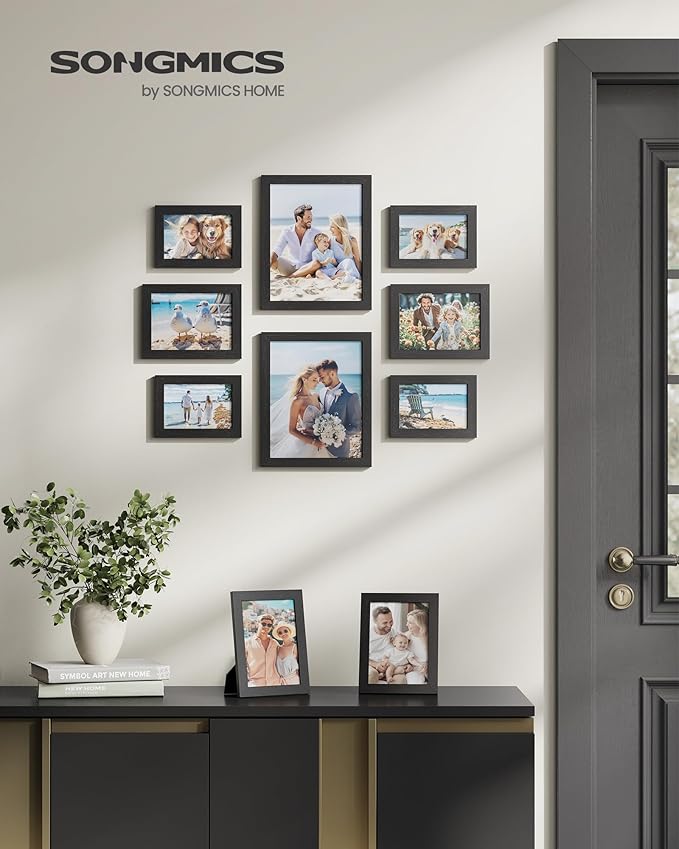SONGMICS Picture Frames, 10 Pack Collage Picture Frames with Two 8x10, Four 5x7, Four 4x6, Photo Frame Set for Wall Gallery Decor, Hanging or Tabletop Display, Clear Glass Front, Black