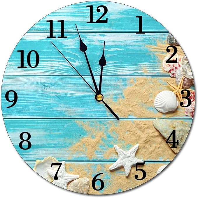 Sea Shells Wood Board Background Wall Clock Battery Operated Silent Ocean Theme Round Clock Wall Decor for Home, Office, School 9.8 Inch