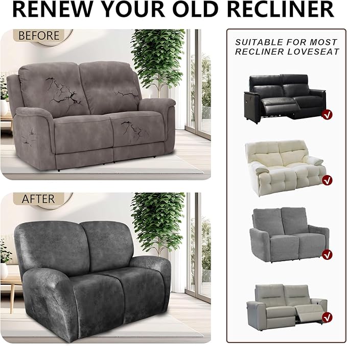 ANARACHON Loveseat Recliner Cover Leather Look Recliner Loveseat Covers Recliner Sofa Cover for 2 Seater Reclining Couch Spandex Fabric Washable 6 Pieces (2 Seater, 02 Light Grey)