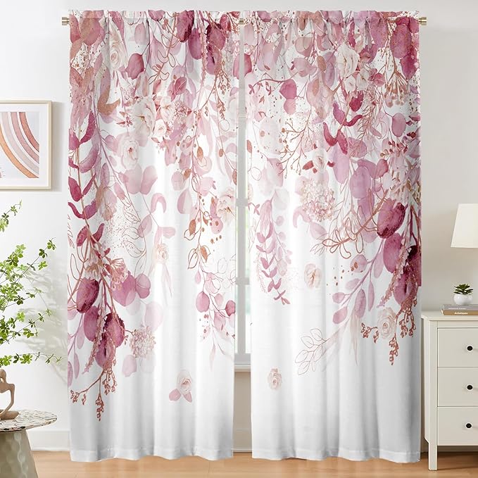 Pink Floral Leaf Sheer Curtains for Girls Bedroom, Botanical Farmhouse Light Filtering Privacy Semi-Sheer Cute Light Pink Curtains for Kids Nursery 84 Inches Long 2 Panels,Rod Pocket,Each 52 Inch Wide