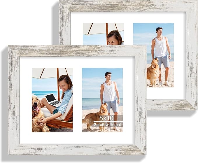 8x10 Picture Frame Set of 2, Distressed White Wood Frame with Glass Collage Frame, Display Pictures Two 4x6 With Mat or 8 x 10 Without Mat - Horizontal or Vertical Wall Mounting