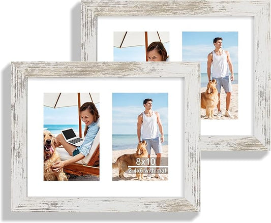 8x10 Picture Frame Set of 2, Distressed White Wood Frame with Glass Collage Frame, Display Pictures Two 4x6 With Mat or 8 x 10 Without Mat - Horizontal or Vertical Wall Mounting