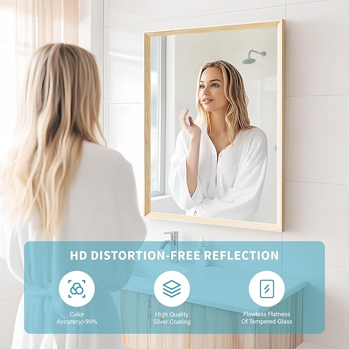 Oak Wood Effect Framed Wall Mirror, 36x40 Rectangle Mirror, Anti-desilvering Tempered Glass, Sustainable& Sturdy Frame, Farmhouse Mirror, Anti-Rust, 3min Fast Setup for Bathroom Living Room