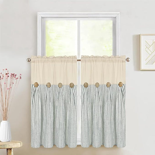 ASPMIZ Cotton Linen Kitchen Curtains 36 Inch Length, Farmhouse Rod Pocket Short Curtains for Window, Green Stripe Small Window Curtain Boho Rustic Button Window Treatment Tiers for, Cafe, 2 Pannels