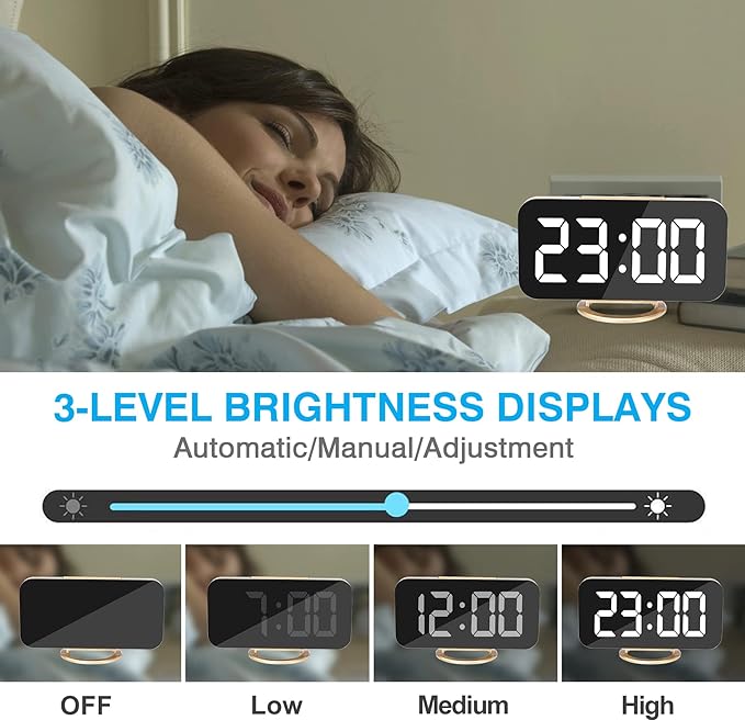 Sukeen Digital Alarm Clock,6" Large LED Display with Dual USB Charger Ports | Auto Dimmer Mode | Easy Snooze Function, Modern Mirror Desk Wall Clock for Bedroom Home Office for All People (Gold)