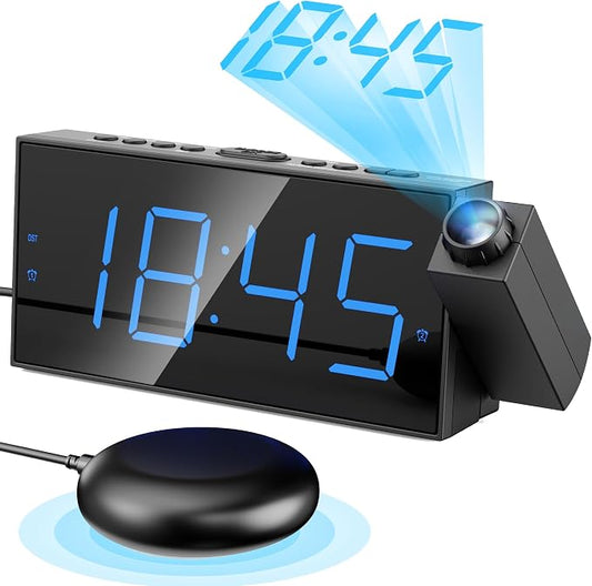 Mesqool Projection Alarm Clock with Loud Bed Shaker, Dual Alarms | 5-level Dimmer, USB charger, Snooze & DST, Loud Vibrating Alarm with Battery Backup, Perfect for Heavy Sleepers by Mesqool