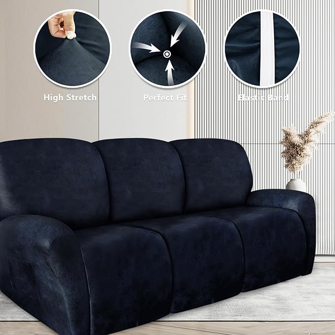 ANARACHON Recliner Couch Cover Leather Look Recliner Sofa Covers for 3 Cushion Reclining Sofa Slipcovers 8-Pieces Furniture Protector Spandex Fabric Washable (3 Seater, 02 Navy)