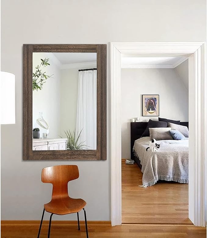 AAZZKANG Rustic Wood Mirror Rectangle Decorative Wall Hanging Mirrors with Frame Large 28"x20" for Bedroom Living Room Bathroom Home Entryway