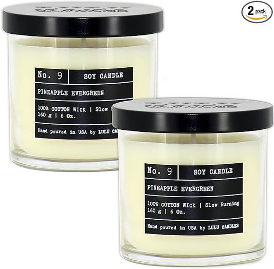 Lulu Candles | Pineapple Evergreen | Luxury Scented Soy Jar Candle | Hand Poured in The USA | Highly Scented & Long Lasting- 6 Oz. 2 Pack