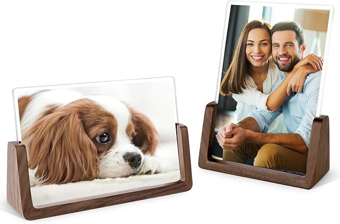 Mixoo 4x6 Picture Frame 2 Pack - Rustic Wooden Picture Frames with Walnut Wood Base and High Definition Break Free Acrylic Photo Covers for Tabletop or Desktop Display (Horizontal + Vertical)