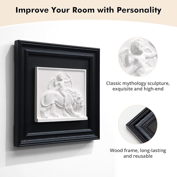 FOLKOR LIFE Cherub Angels Framed Wall Art Sculpture for Home Vintage Decor, Black and White Wall Decor Greek Mythology Cupid God of Love Classic Artwork Figurines for Room Decor, Gift for Anniversary