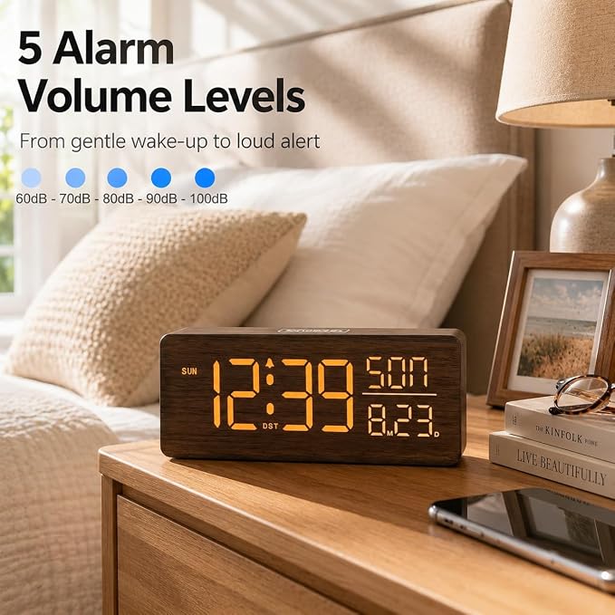 Peakeep Wooden Digital Alarm Clock Large Display, Textured Decoration - Image 6