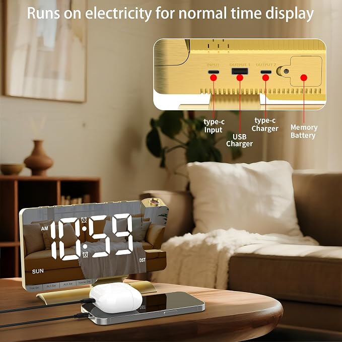 Projection Alarm Clock for Bedroom Ceiling, Gold Digital Clock Room Decor - Image 7