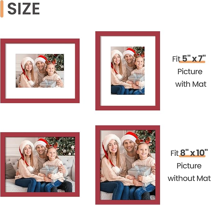 upsimples 8x10 Picture Frame, Display Pictures 5x7 with Mat or 8 x 10 Without, Wall Hanging Photo Frames, Red, 1 Pack