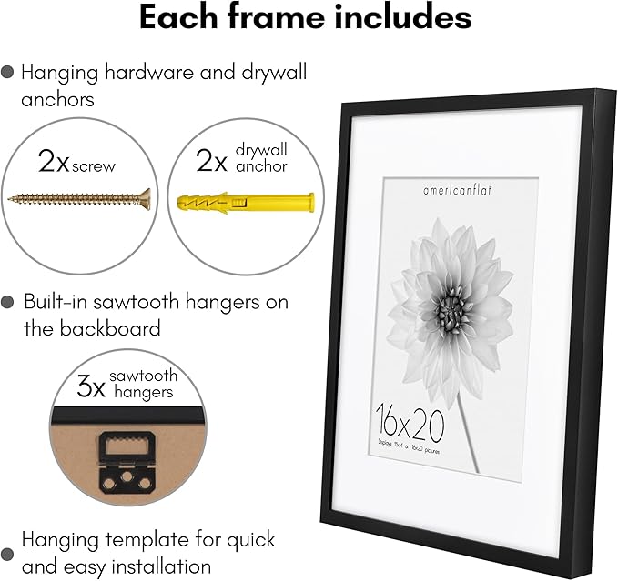 Americanflat 16x20 Picture Frame with Polished Plexiglass - Use as 11x14 Frame with Mat or Display 16x20 Photo Without Mat - Soho Collection - Deep Molding Picture Frames for Wall Display - Black