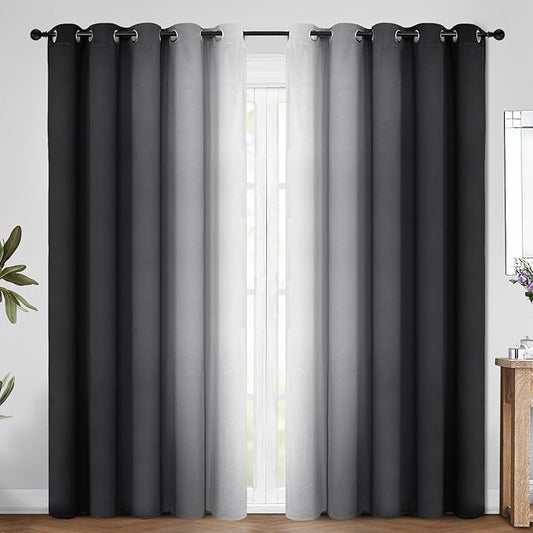 COSVIYA Curtains & Drapes Ombre Black to Grayish White 70"W x 84"L (Pack of 2), 2 Panels, Grommet, Blackout, Thermal Insulated, Energy Saving, Bedroom/Living Room