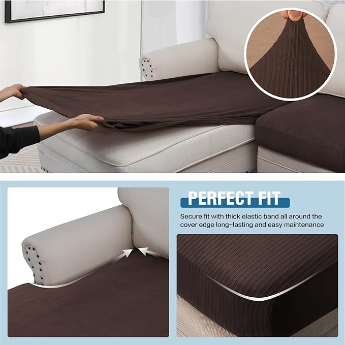 H.VERSAILTEX Velvet Stretch Sectional Couch Covers - 4 Pieces Sofa Seat Cushion Covers L Shape Separate Cushion for Both Left/Right Couch (Large Sofa 3 Seater + 1 Chaise, Brown Striped)