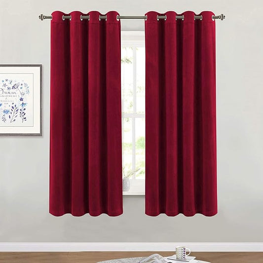 StangH Red Velvet Curtains Short - Super Soft Thick Velvet Texture Drapes Room Darkening Window Treatment Set Soundproof Privacy Panel Blinds, Wide 52" by Long 63", Double Panels