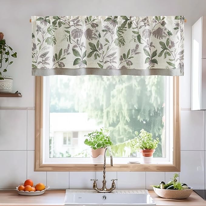 jinchan Linen Valance Double Layer Kitchen Window Curtain Green Leaf on Beige Valance for Living Room Cafe Farmhouse Light Filtering Rustic French Country Curtain 18 Inch Rod Pocket 1 Panel