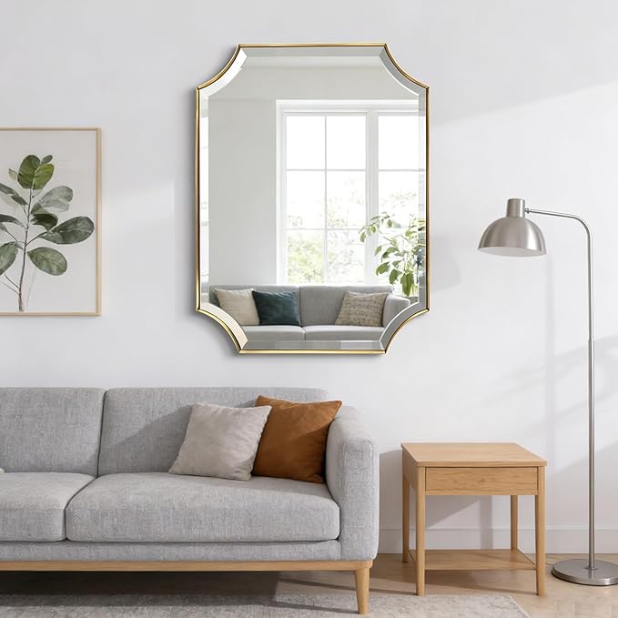POZINO Rectangle Beveled Mirror, 24"x36" Brushed Gold Bathroom Vanity Mirror with Stainless Steel Frame, Aesthetic Wall Mirrors for Living Room Bedroom Hallway Entryway, Horizontal or Vertical Hanging