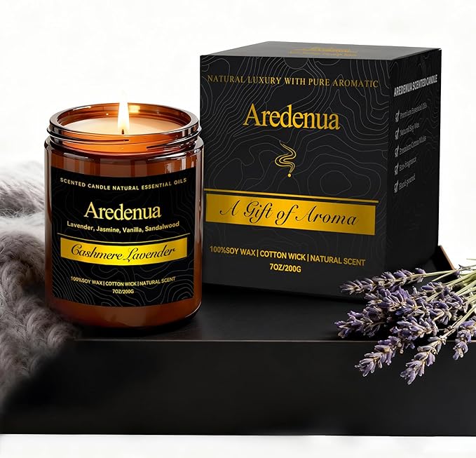 Cashmere Lavender Scented Candle, Clean Soy Wax Candle for Relaxation, Stress Relief & Sleep, Soft Floral Cozy Home Fragrance, Hand Poured, Lead-Free Wick