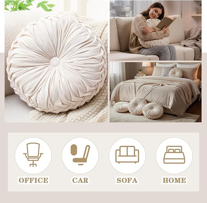 Drydiet 1 Pcs Round Throw Velvet Pillows Decorative Pleated Throw Pillows 15'' Diameter Accent Pumpkin Boho Chair Cushion for Couch Sofa Home Decoration (Beige)