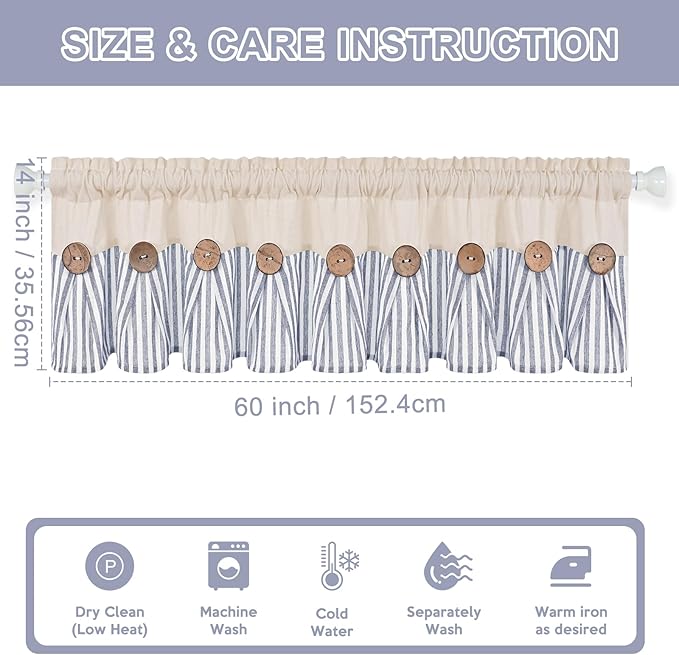 ASPMIZ Cotton Linen Kitchen Curtains Valance, Boho Rustic Button Valances for Windows Farmhouse Style, Blue Stripe Window Valances for Bathroom Cafe, Tie Up Valance for Kitchen Windows, 60 x 14 Inch