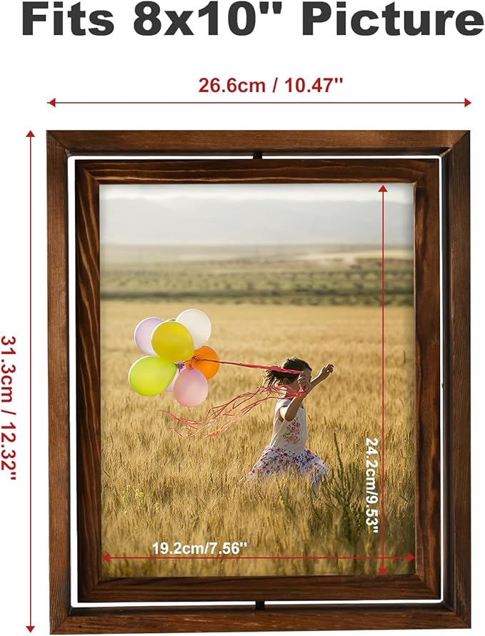 Egofine 2 Pack 8x10 Rotating Floating Picture Frames,Double-Sided Display with HD Glass Front Wooden Distressed Frame for Vertical or Horizontal Tabletop Display, Carbonization