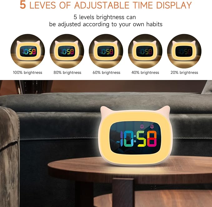 Cute Cat Ear Alarm Clock with RGB 7 Color Night Light,Pink - Image 3