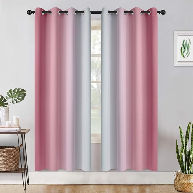 COSVIYA Grommet Ombre Room Darkening Curtains 72 inch Length 2 Panels, Pink and Grayish White Light Gradient Drapes Blocking Insulated Thermal Window Curtains for Bedroom/Living Room,52x72 inches