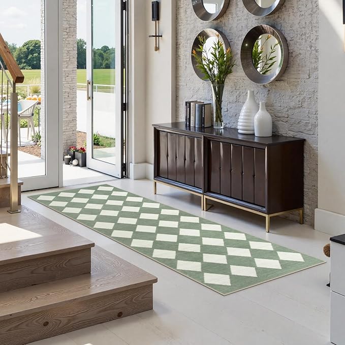 Lahome Zelie Checkered Washable 2x6 Green Runners for Hallways Non Slip, Ultra-Thin Kitchen Bathroom Runner Rugs, Moroccan Trellis Throw Carpet Runner for Bedroom Entryway Decor (2'x6',Green)