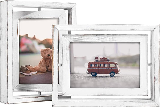 Egofine 2 Pack 4x6 Rotating Floating Picture Frames,Double-Sided Display with HD Glass Front Wooden Distressed Frame for Vertical or Horizontal Tabletop Display, White