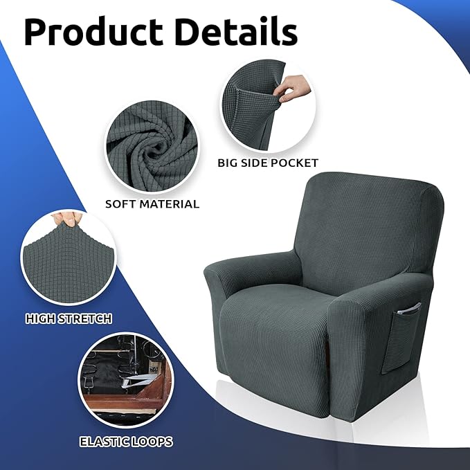 KEKUOU Recliner Chair Covers, Lazy Boy Recliner Covers Stretch Couch Cover Slipcovers 1 Piece Furniture Protector with Elastic Bottom for Dog,Kids.(Recliner, Grey)