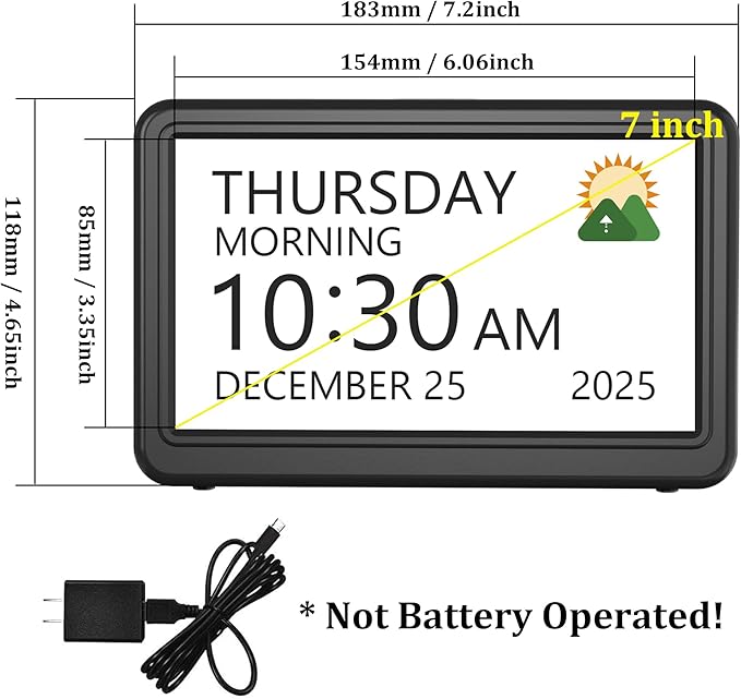Clock with Day and Date for Elderly, 7" Large Display Digital Calendar Day Clock with 20 Custom Alarms and Medicine Reminders, Dimmable Dementia Alzheimers Clocks for Seniors, Black (Ac Powered)