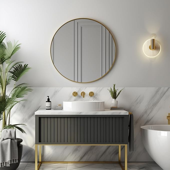Sunniry Gold Circle Mirror, Round Mirror 22 inch, Gold Wall Mirrors Metal Frame, Circle Mirrors for Bathroom, Bedroom, Living Room, Entryway.