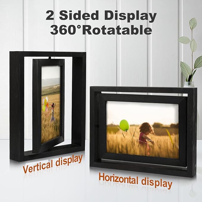 Egofine 2 Pack 5x7 Rotating Floating Picture Frames,Double-Sided Display with HD Glass Front Wooden Distressed Frame for Vertical or Horizontal Tabletop Display, Black