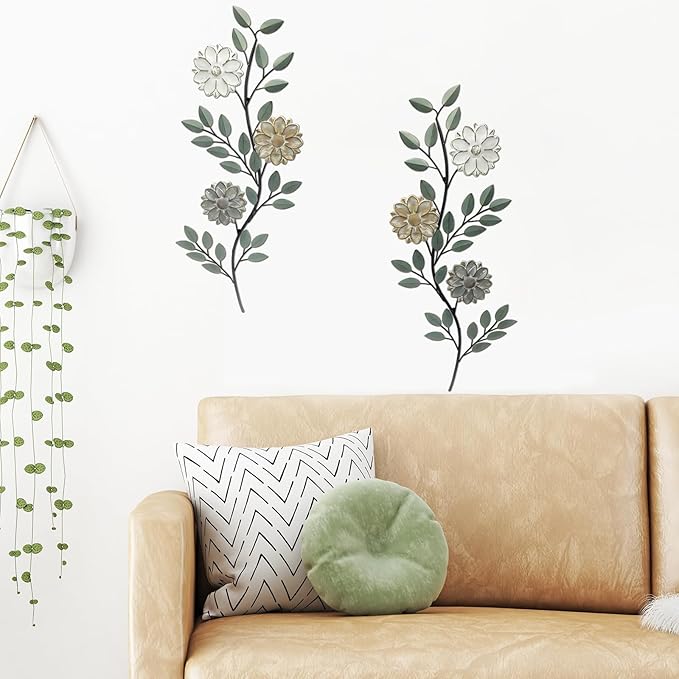 MorningRo 2 Pcs Metal Flower Leaves Wall Art Spring Wall Decor Living Room, 15.75 Inch Vintage Rustic Branch Leaf Wrought Iron Scroll Art Decor for Spring Bedroom Indoor Outdoor Decorations(Green)
