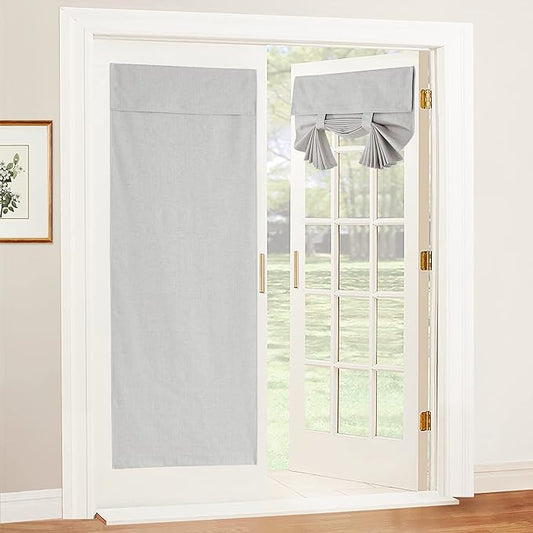 RYB HOME 100% Blackout Tricia Door Curtains, Linen Textured Blend Thermal Insulating Privacy French Door Window Tie Up Shades Living Room Curtains for Kitchen, W 34 x L 69 inches, Light Grey, 1 Panel