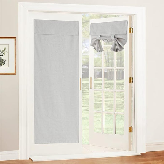 RYB HOME 100% Blackout Tricia Door Curtains, Linen Textured Blend Thermal Insulating Privacy French Door Window Tie Up Shades Living Room Curtains for Kitchen, W 30 x L 69 inches, Light Grey, 1 Panel