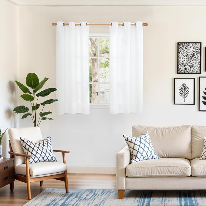 YoungsTex 48 Inch Length White Linen Curtains, Short Light Filtering Drapes with Bronze Grommet Semi Sheer Privacy for Bedroom Living Room Window, 42 X 48 Inch, 2 Panels