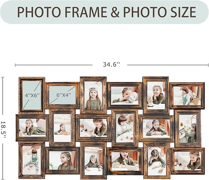 HELLO LAURA - 4x6 Picture Frame Collage With 18 Openings for Wall - Large Photo Frame Collage Wall Decor for Living Room Bedroom - Rusted Gold