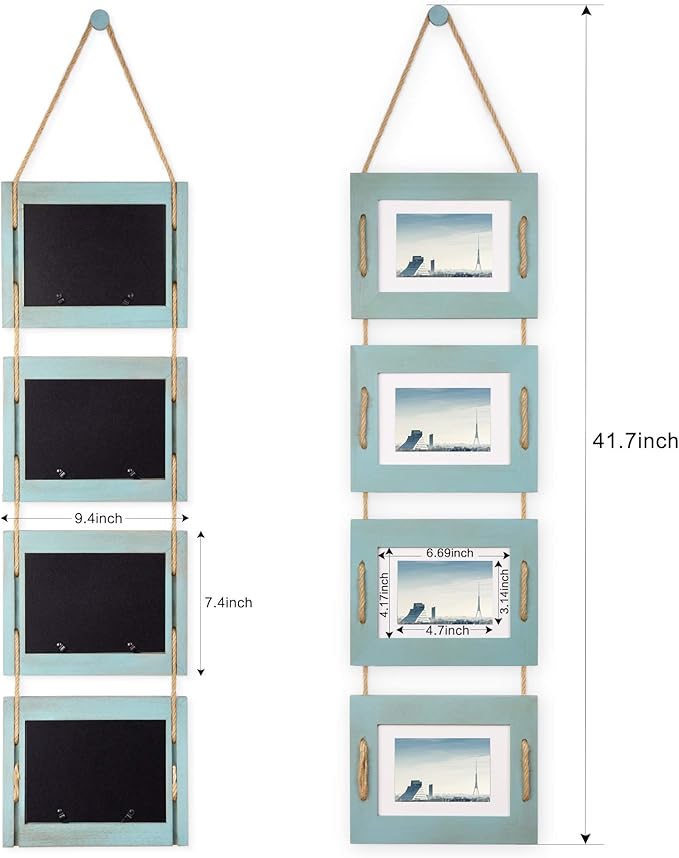 DLQuarts 5x7 Hanging Picture Frames Collage Wall Decor, 4-Opening 5x7 Matted to 3.5x5 Photo Rustic Wood Frame with Hemp Rope, 1 Pack, Ocean Blue